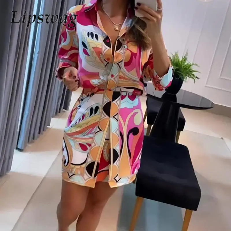 

Fashion Long-Sleeved Shirt Top And Skirt Set Casual High Street Office Two-Piece Set Retro Pattern Printing Single-Breasted Set