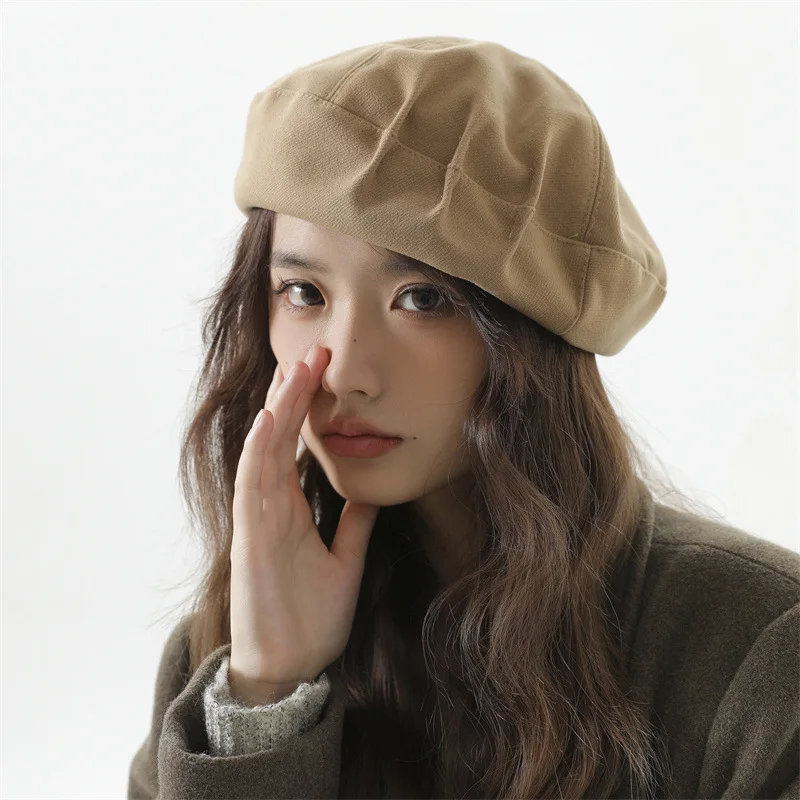 

Japanese Women's Spring and Autumn Pleated Versatile Simple Beret Cap Casual British Retro Temperament Fashion Painter Hat Mujer
