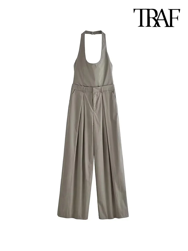 

TRAF Women Fashion Front Darted Halter Neck Jumpsuits Sexy Backless With Zipper Female Playsuits Mujer