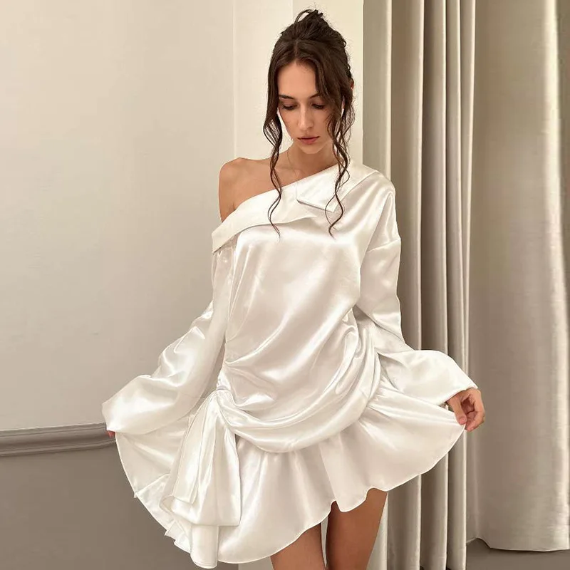 Elegant Draped Mini Dress For Women Sexy Backless Irregular Skew Collar Long Sleeve Party Dresses Solid High Waist