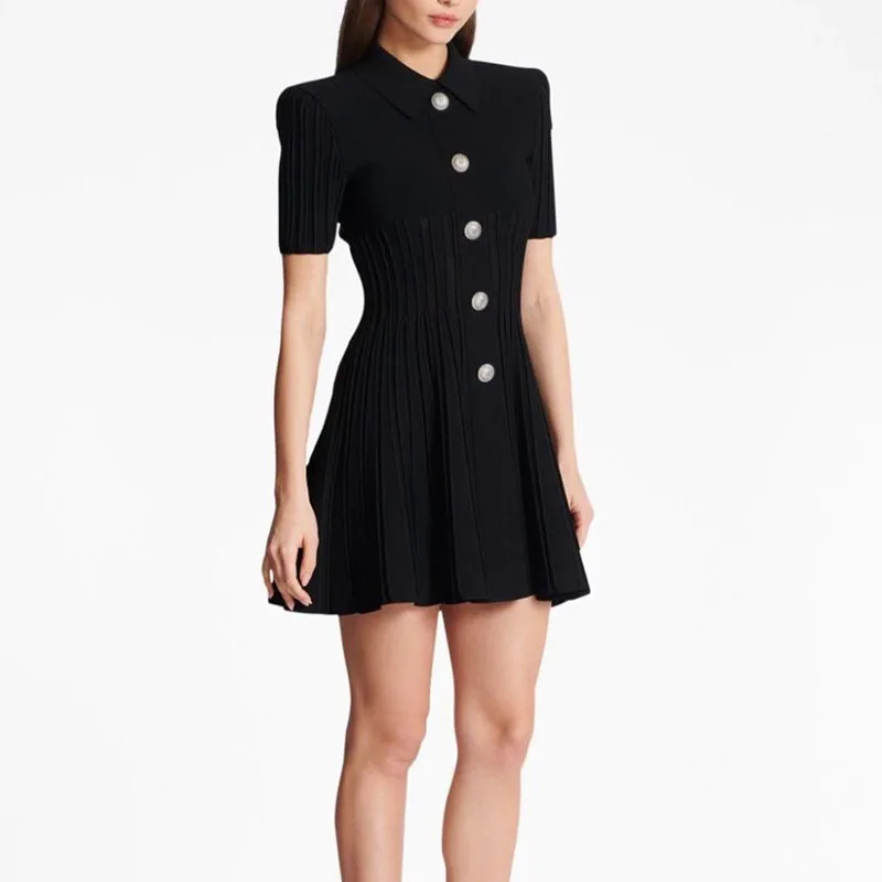 

Women Shoulder Padded Knitted Pleated Dresses 2Colors Fashion Lion Button Short Sleeve Mini Dress Summer New Hollow Out Vestdios