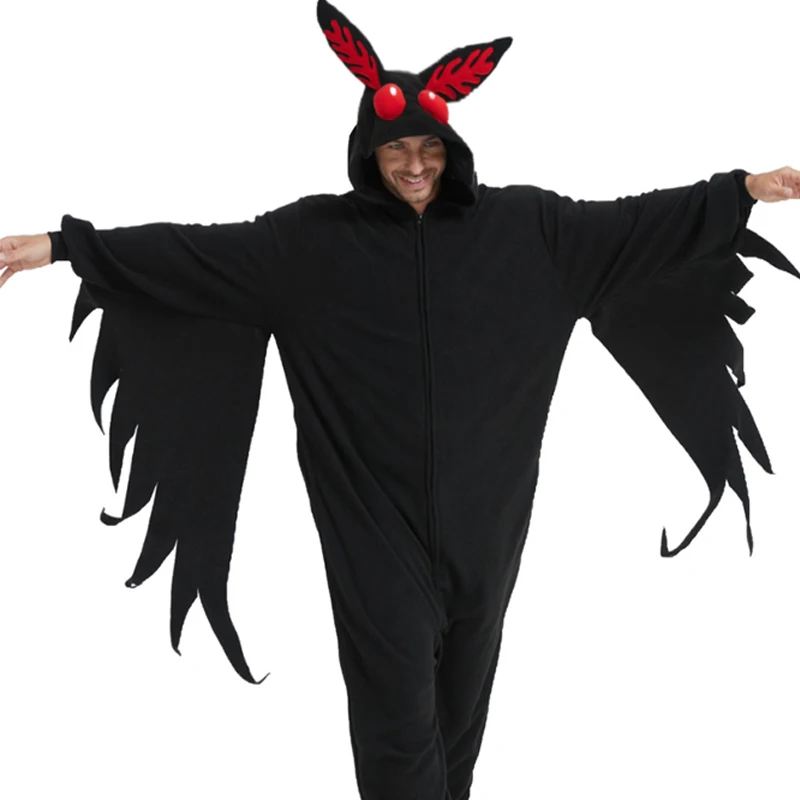 Zipper mothman animal cosplay game costume kigurumi men one piece black pajamas halloween christmas party hooded cartoon pajamas