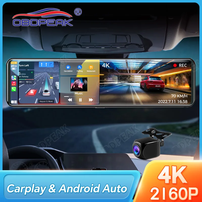 OBDPEAK K4 Rearview Mirror Dash cam Carplay Android Auto 4K