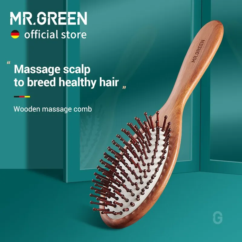 MRGREENNatureWoodenHairBrushAntiStaticBrushHairScalpMassage