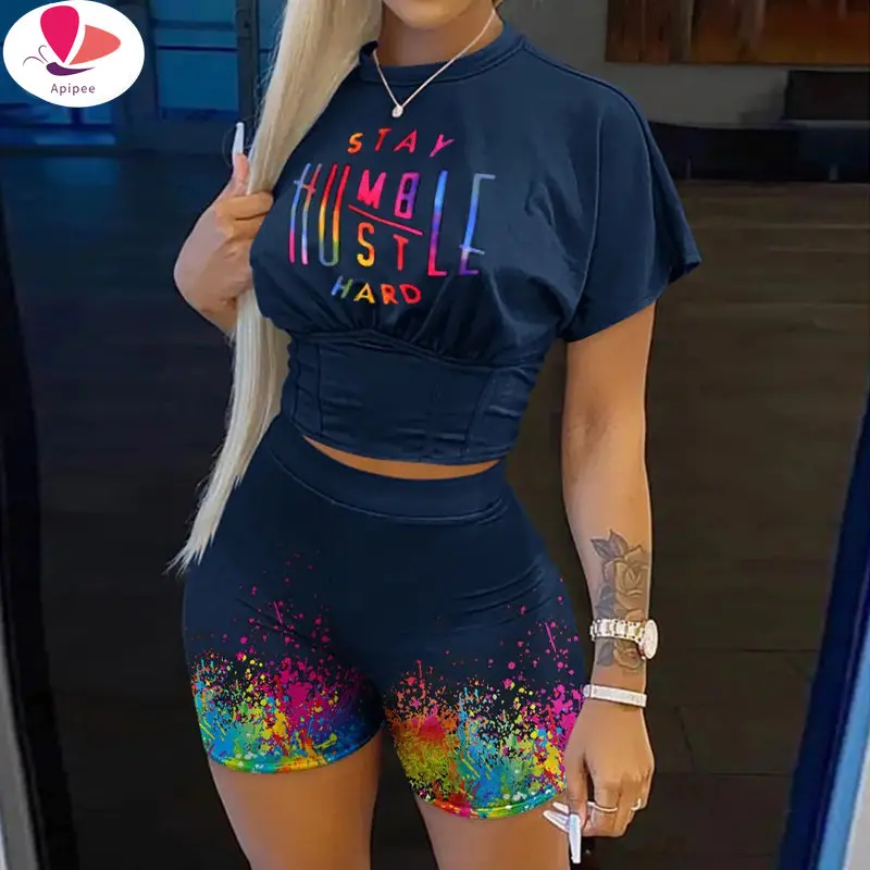 

APIPEE комплект из двух предметов, женский короткий корсет с буквенным принтом и коротким рукавом, футболка и женские шорты с высокой талией, комплект одежды
