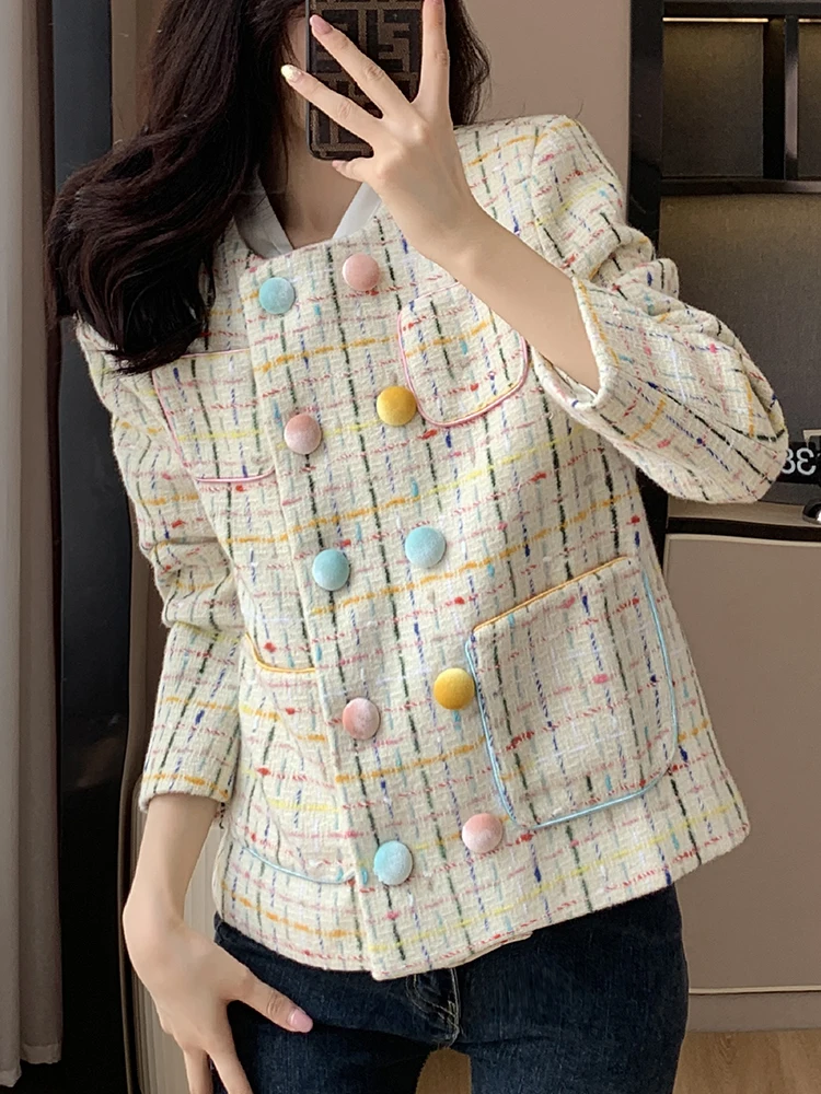 QOERLIN High End Women's Long Sleeve Double-Breasted Tweed Jacket with Pocket Elegant Slim Fit Work Office Business Tweed Blazer