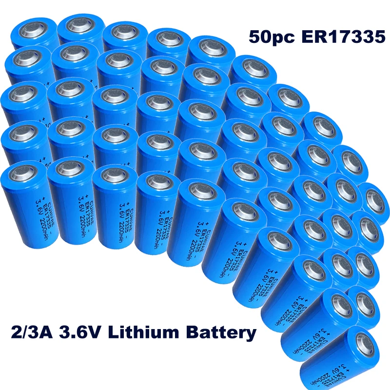 

50Pcs 2/3A 3.6V Lithium Battery ER17335 Batteries 2.2Ah Non-Rechargeable Battery for GPS Monitor Water/Gas Meter Alarm System