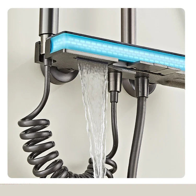 Ambient Lighting Piano Digital Bathroom Shower Set 12 Inch Rain Shower Head Brass Bathroom Faucet Hot Cold Digital Shower System 4