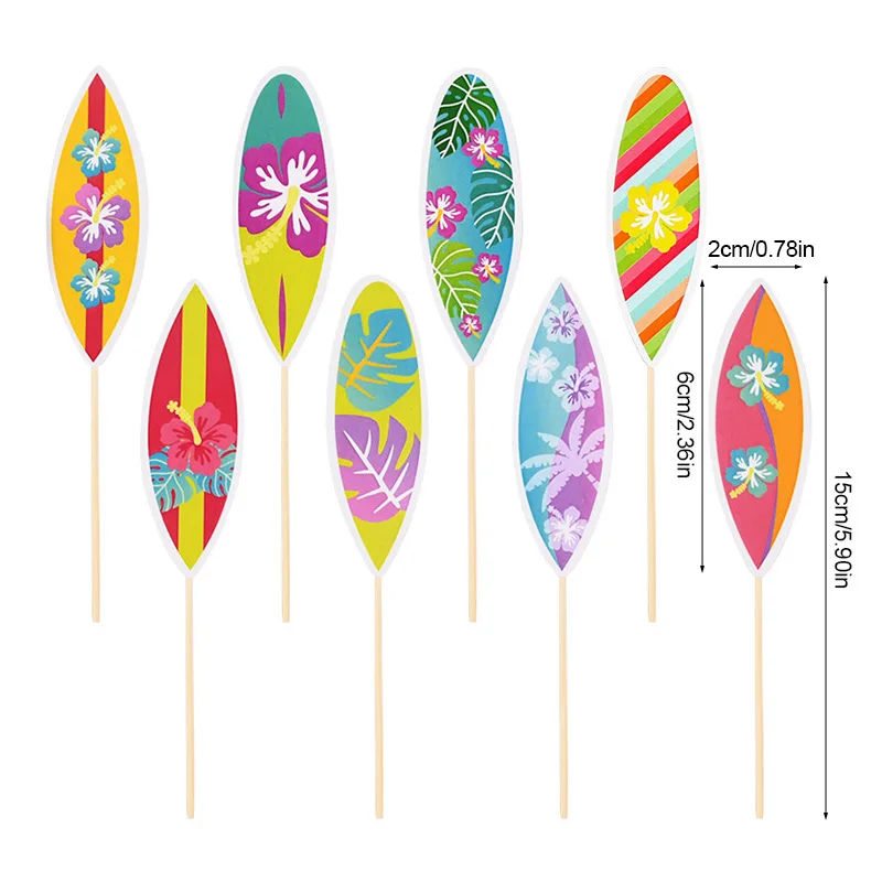 8/16Pcs Hawaiian Surfboard Cupcake Topper for Tropical Summer Luau Birthday Party Cake Decoration Beach Pool Wedding Supplies