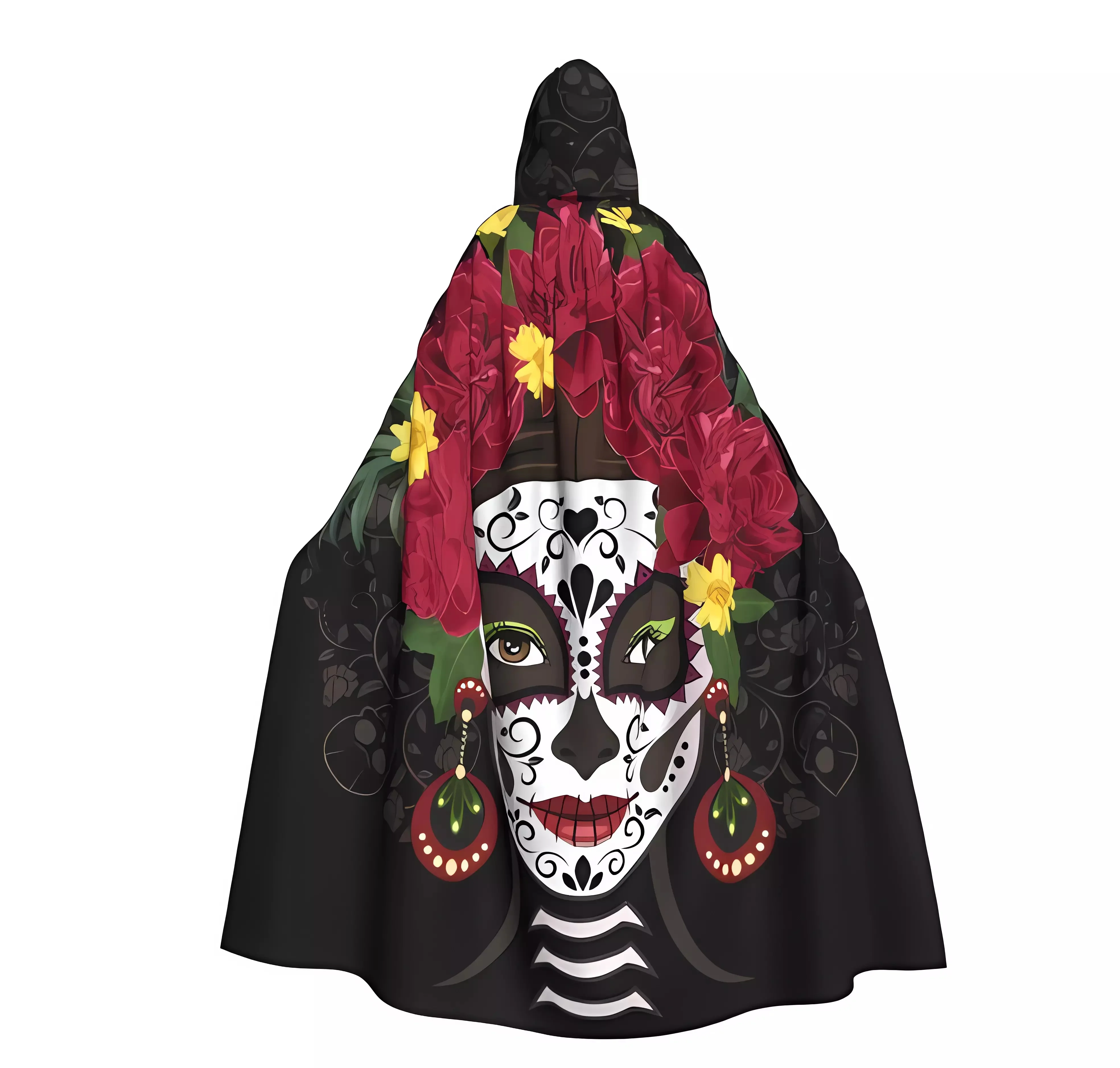 

Long Cape Cloak Santa Muerte With Peonies Calavera Catrina Day Of The Dead Hooded Cloak Coat Autumn Hoodies