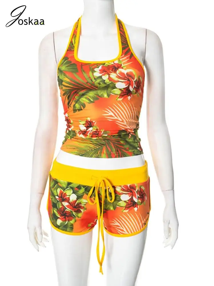 Joskaa Floral Print 2 Piece Sets Women Halter Crop Tank Tops
