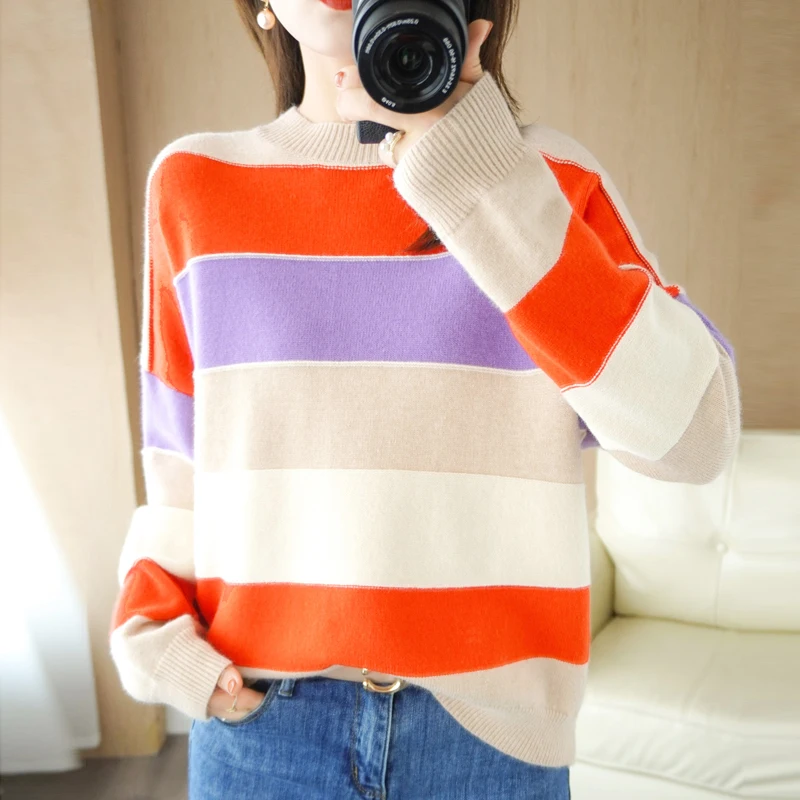 

2023Round Neck Lnner layered Sweater for Women in Autumn And Winter Wearing a Slim and Versatile Striped Long Sleeved Knit Shirt