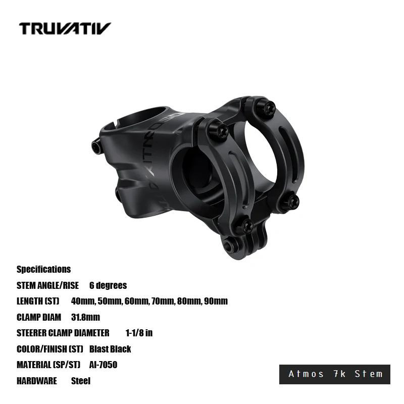 

SRAM TRUVATIV Atmos 7k Stem 40, 50, 60, 70, 80, 90mm lengths ±6° angle 31.8mm CLAMP DIAM 1-1/8 in Al-7050 Blast Black