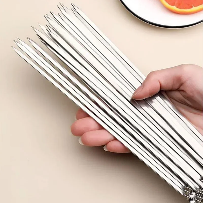 10/20Pcs Barbecue Skewer Stainless Steel Flat Skewers Reusable BBQ Skewers Kebab Iron Stick For Outdoor Camping Picnic BBQ Tools bbq skewers