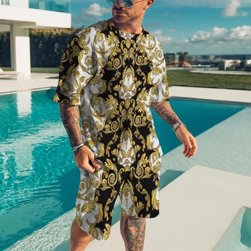 

Fashion Round Neck T-shirt Set Golden Flower 3D Printing Men's T-shirt Shorts Set Unisex Street Leisure Sports Short Sleeve Set