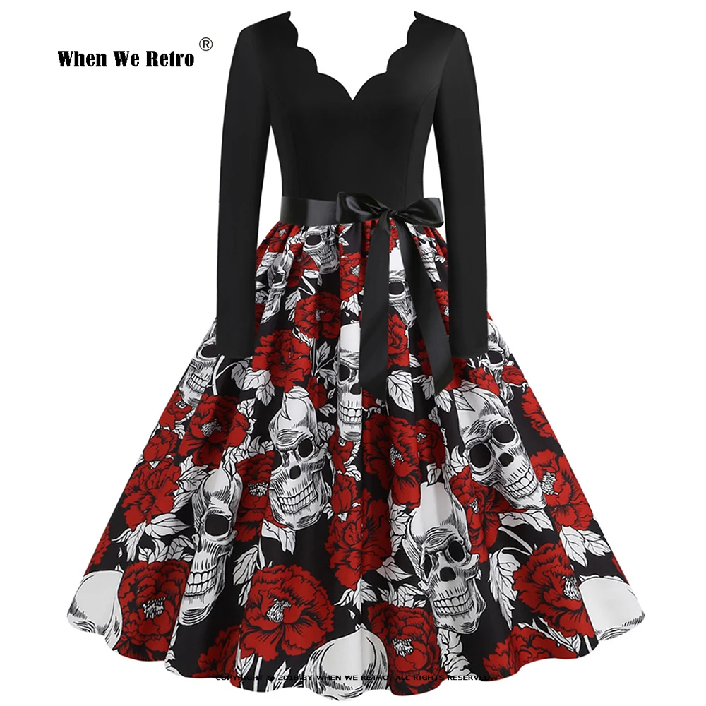 

Skull Print Hallween Dress for Women Eegant Vintage Long Sleeve 50s Evening Party Prom Costumes Cosplay Midi Dress RS1234