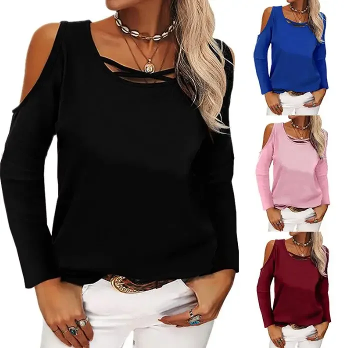 

Fashion Solid Off Shoulder Long Sleeve T-shirt for Women