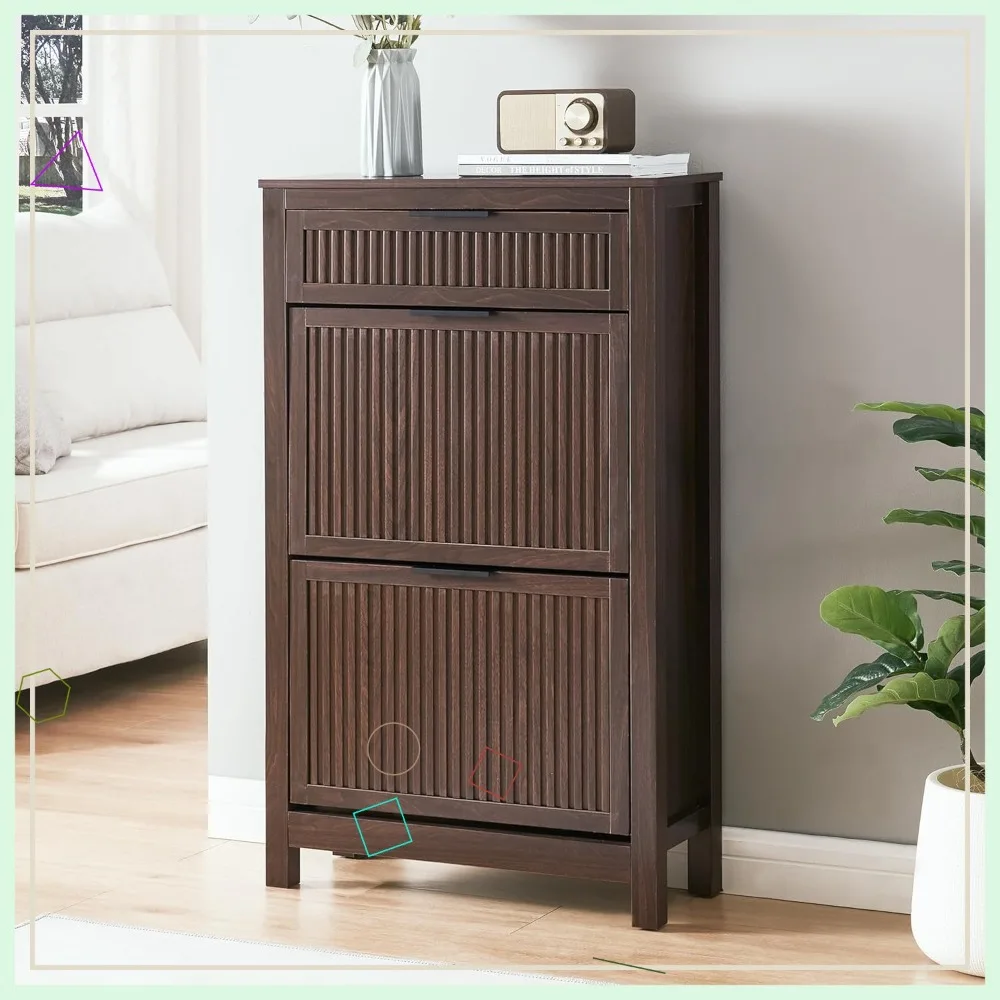 Narrow Flip-Drawer Shoe Cabinet, Wooden Entryway Storage Organizer with Adjustable Shelves