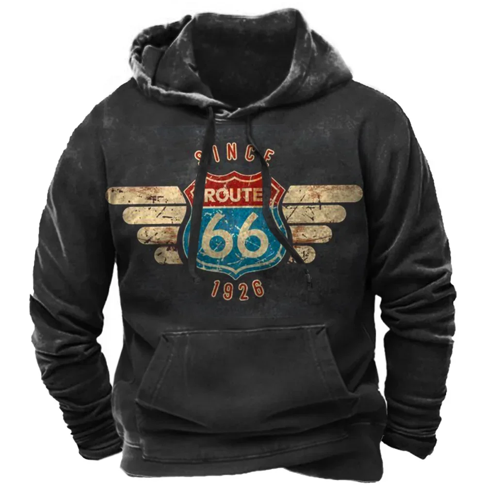 

Route 66 Print Hoodies For Men Spring Autumn New in Sweatshirts Fashion Hip Hop Harajuku Vintage Clothes Oversized Pullover Tops