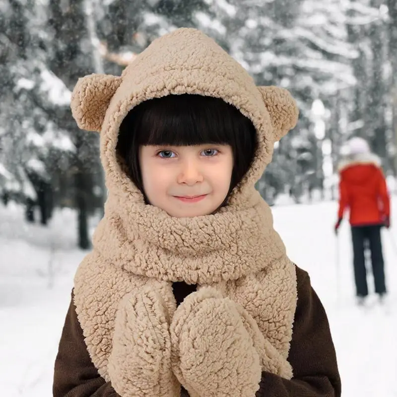 Winter Cartoon Child Hat Scarf Bear Ear Hat Scarf Gloves Set 3 in 1 Keep Warm Casual Plush Hats Thicken Neck