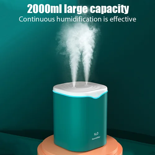 2000ML USB 공기 가습기, 더블 스프레이 포트 에센셜 오일 아로마 테라피, 쿨 미스트 메이커, 홈 오피스용 포거 정화 2