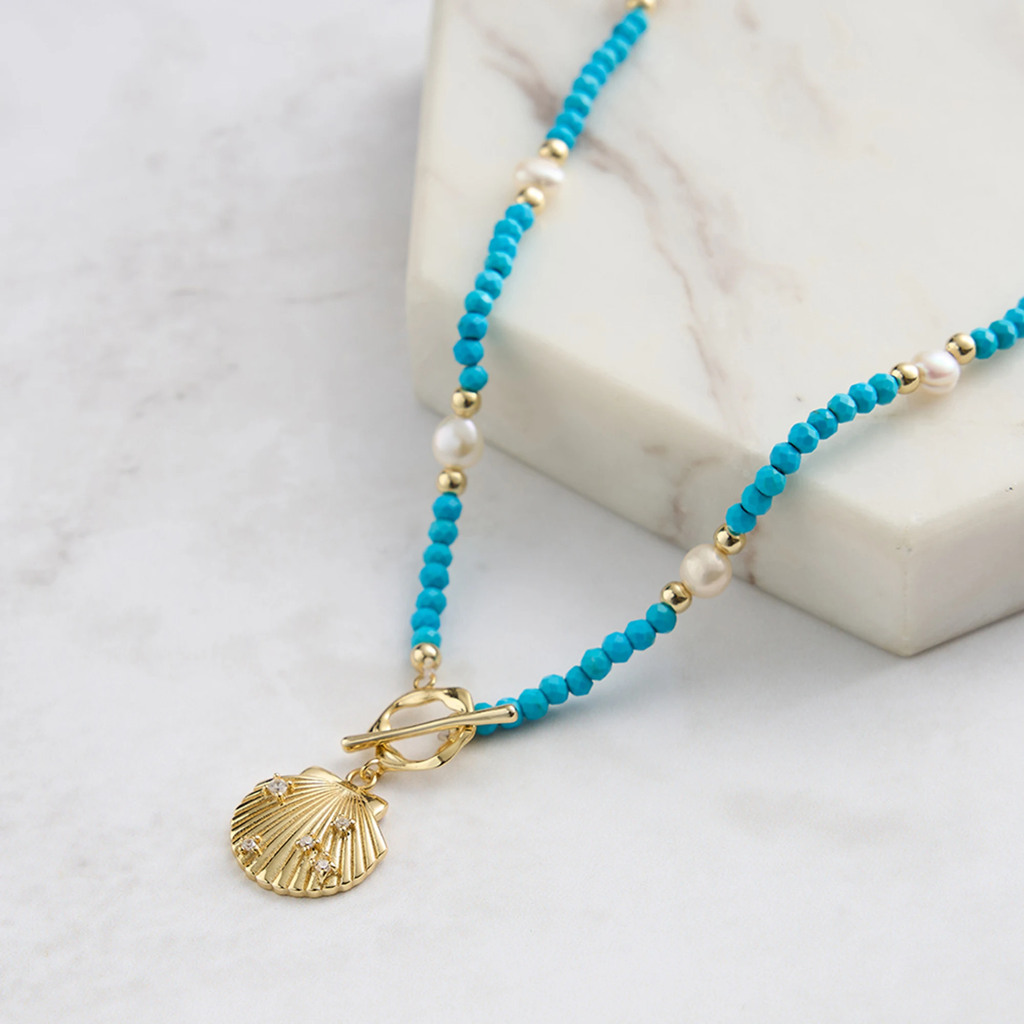 Silver Shell Pendant Necklace with Freshwater Pearl Turquoise - Ocean-Inspired Beach