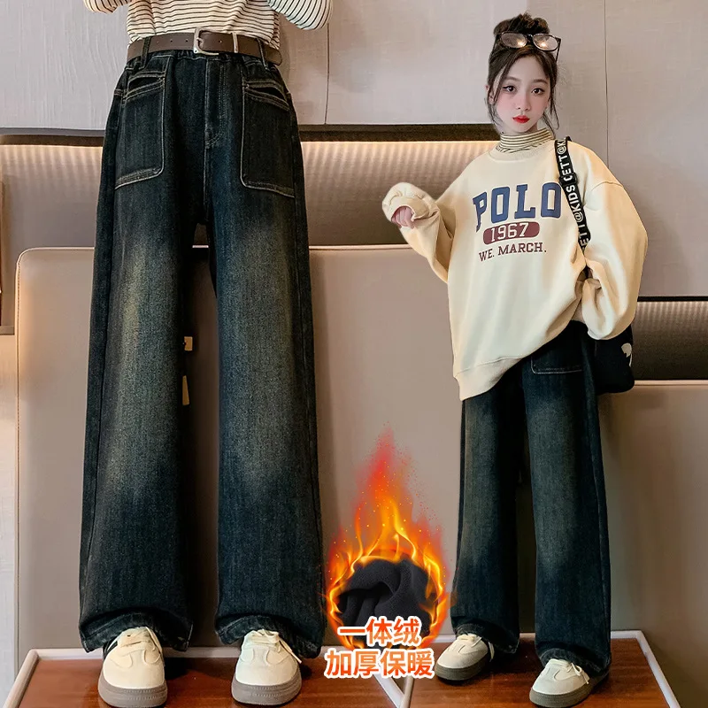 

Girls' Single-Layer Fleece-Lined Jeans 2023 Autumn and Winter New Medium and Big Children Casual Thickening Warm Leisure Wide Le