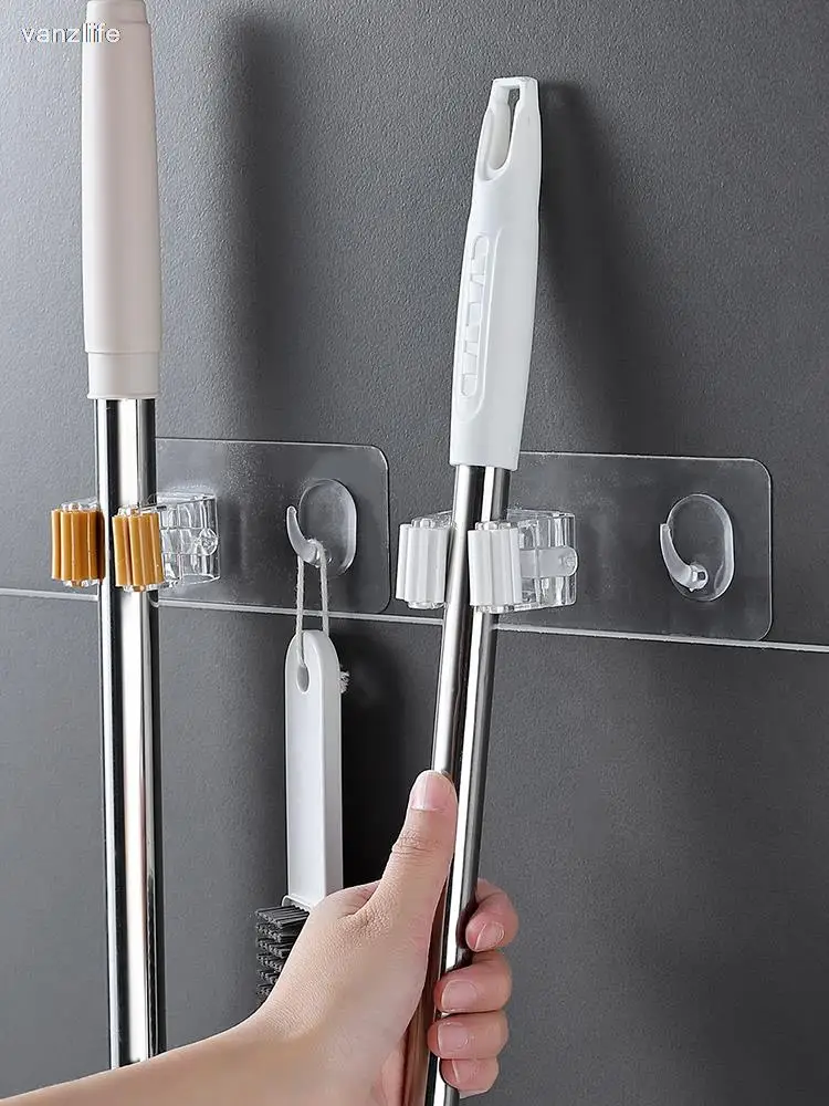 vanzlife Bathroom Wall Hanging Mop Rack Household Strong Paste Mop Hook Broom Storage Card Slot Clip Storage Rack