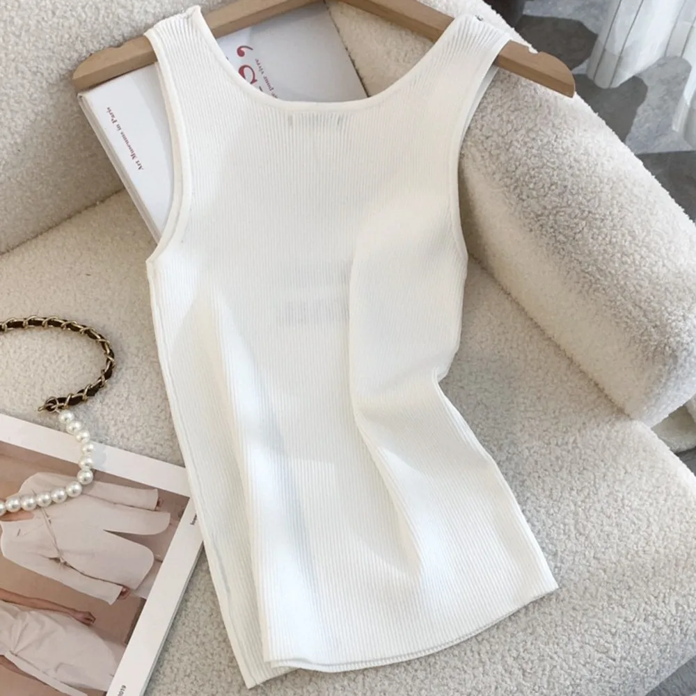 

Top Women Wholesale MM 2023 New Product Heavy Industry Nail Bead Embossed Knitted Tank Top White Elasticity Woman Clothing