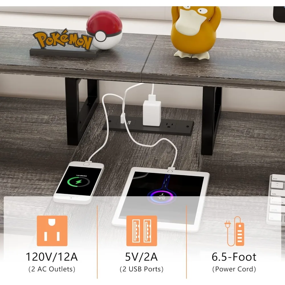 "dual workspace desk with led lighting, 83.7" office desk for two with monitor stand and integrated power outlets, rustic style