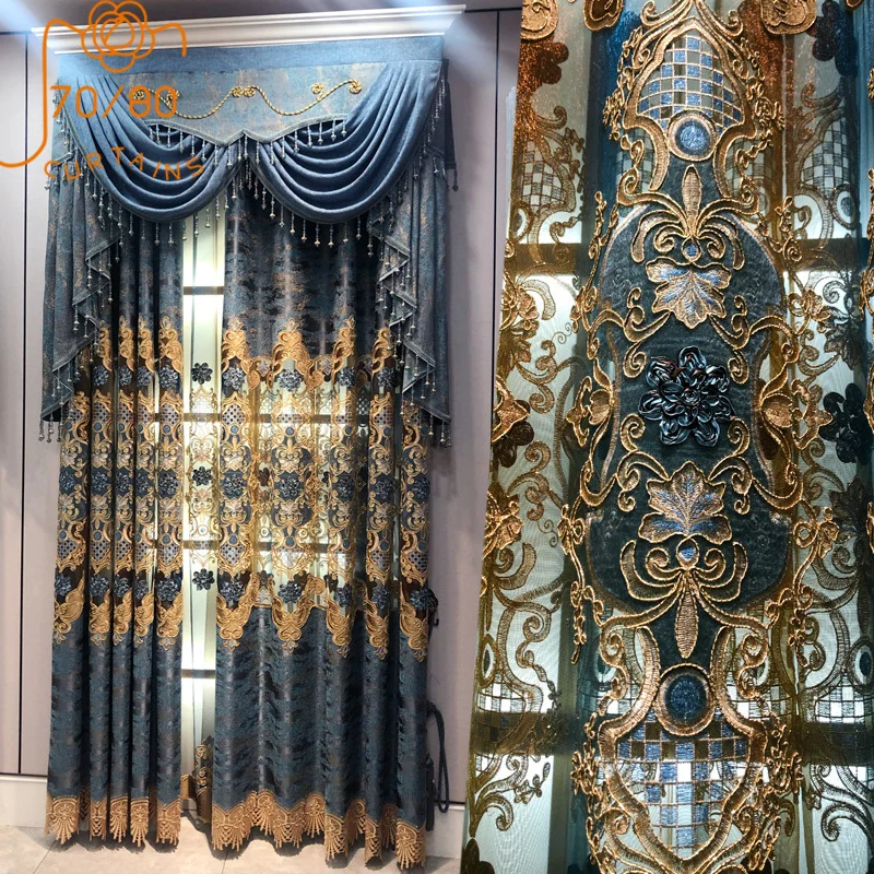 

European Style Blue Gradual Change Embroidery Hollow Chenille Jacquard Curtains for Living Room Bedroom French Window Embroidery