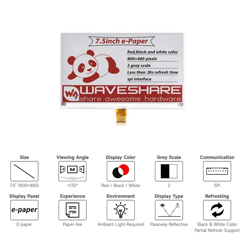 Waveshare 7.5 Inch E-Ink Display 800&times;480 Red Black White E-Paper Screen for Raspberry Pi Series Mainboard Jetson Nano RDK X3