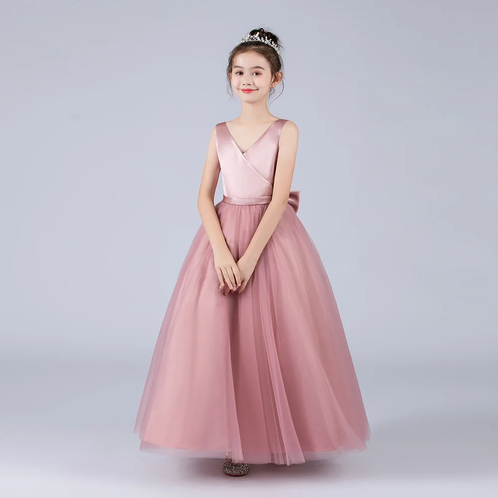 

Pink Bowtie Girl Party Dresses Elegant Children Princess Dress for Birthday Wedding Dress Girl Evening Ceremony Pageant Clothing