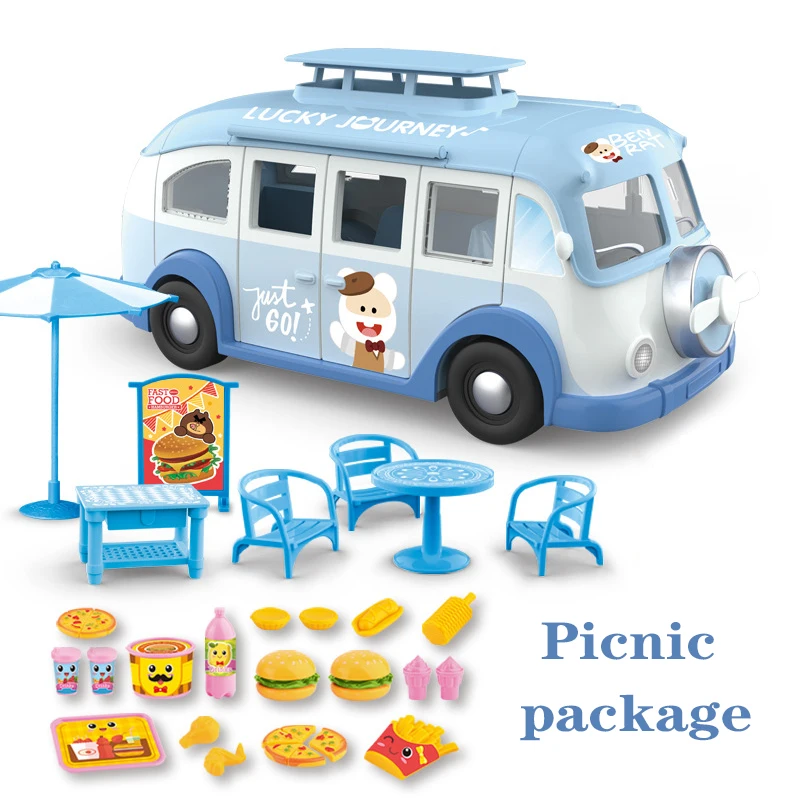 Camping Car Kids Picnic Ice Cream RV Set 1:12 Forest Animal Family Dolls Parasol Table Chair Stickers Suit Pink Children Toys 2