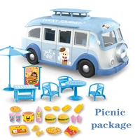 Camping Car Kids Picnic Ice Cream RV Set 1:12 Forest Animal Family Dolls Parasol Table Chair Stickers Suit Pink Children Toys 2