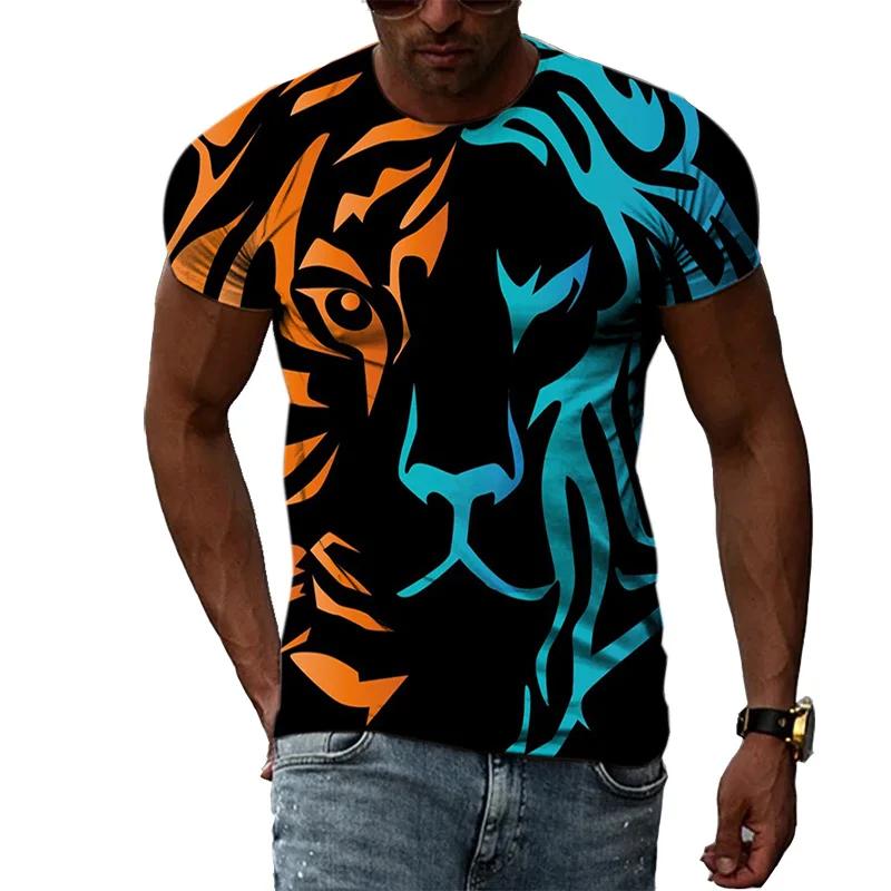 

Новинка лета 2023, пуловер с 3D-принтом головы тигра, с круглым вырезом, дышащая Спортивная футболка, мужская рубашка с коротким рукавом