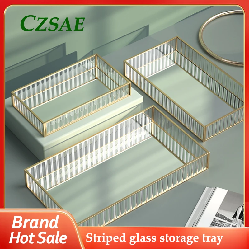 

Striped Transparent Glass Storage Tray Perfume Lipstick Cosmetics Desktop Sundries Storage Box Home Decoration Ornaments