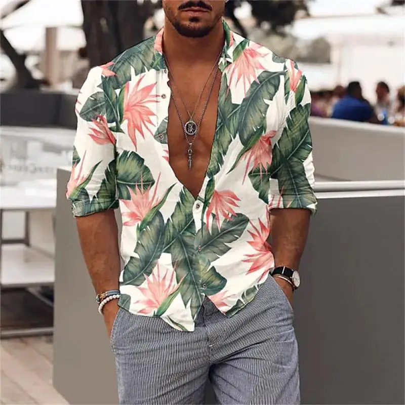 Summer Men's Beach Shirts Hawaiia Flowers 3d Printed Turn Down Colla ...