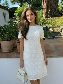 Elegante Abito Midi Stile Francese da Donna, Nuova Collezione Estate 2026, Lussuoso con Ricami 3D, Gonna Corta per Vacanze al Mare