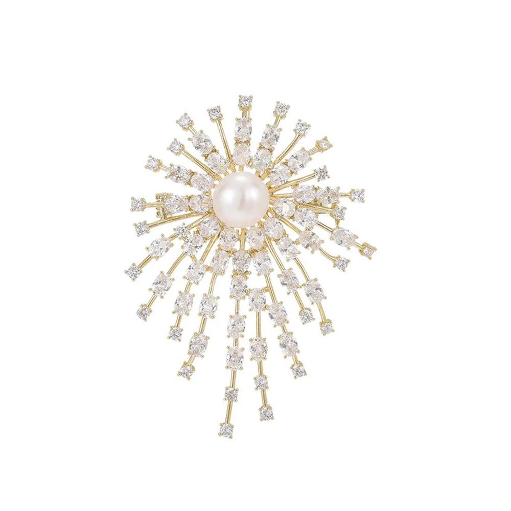 Korean Luxury Full of Rhinestone Sun flower Brooches For Women Big Pearl Brooch Pins Jewelry Accessories For Clothing Suit