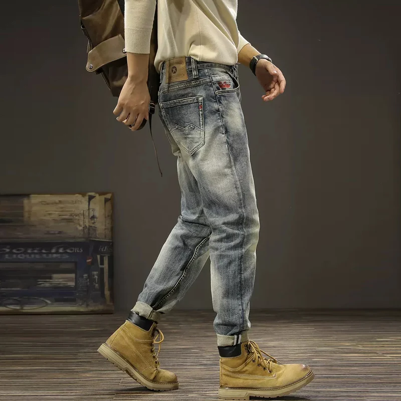 Newly Designer Fashion Men Jeans Retro Blue Elastic Slim Fit Ripped Jeans Men Vintage Trousers Casual Cotton Denim Pants Hombre