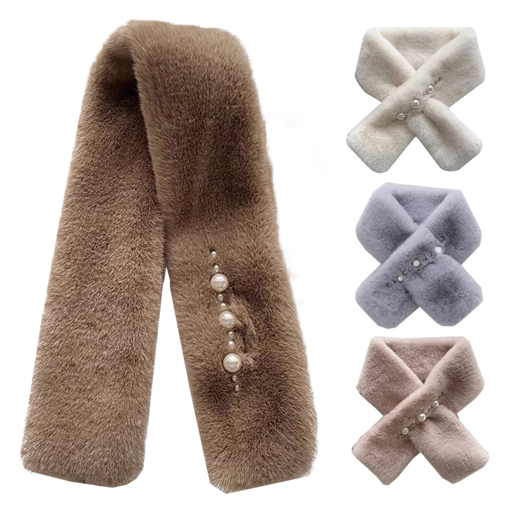 

Женский двухсторонний плюшевый шарф, Утолщенные мягкие шарфы, уличный ветрозащитный шейный платок, корейский шарф с искусственным кроличьим мехом и жемчугом