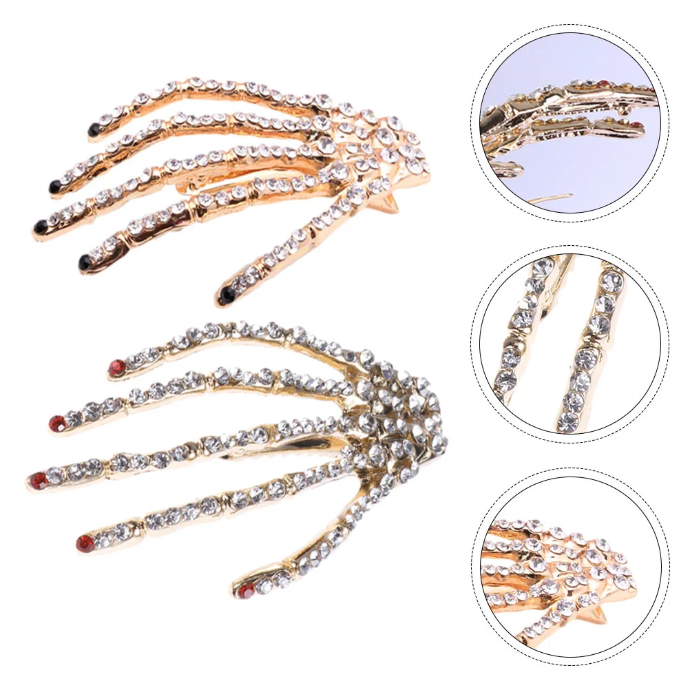 

2 Pcs Hand Bone Hairpin Rhinestone Bobby Pins Bangs Clip Halloween Headgear Skull Claw Clips Alloy Women Miss Shape Headdress