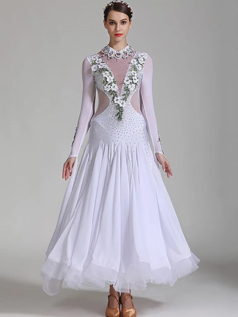 

White Women Bright diamond Skirt Hem Mesh Modern Dance Dress Adult Female National Standard Costume Performance Dancewear S7035