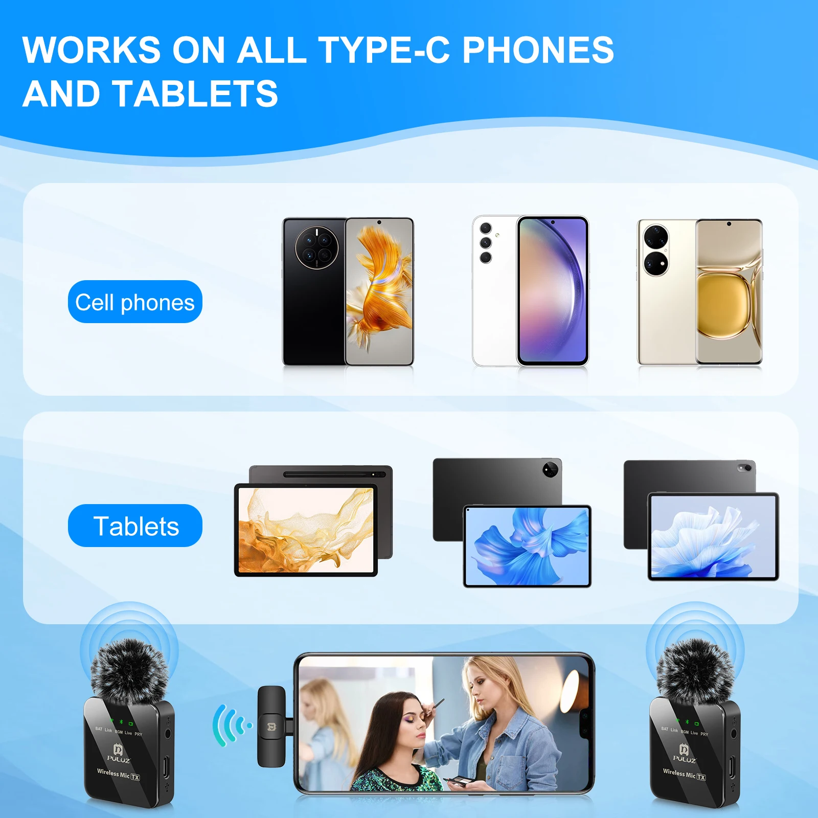 PULUZ Wireless Lavalier Microphone Portable Audio Video Recording Mini Mic for iPhone Android Outdoor Live Broadcast Phone Mic