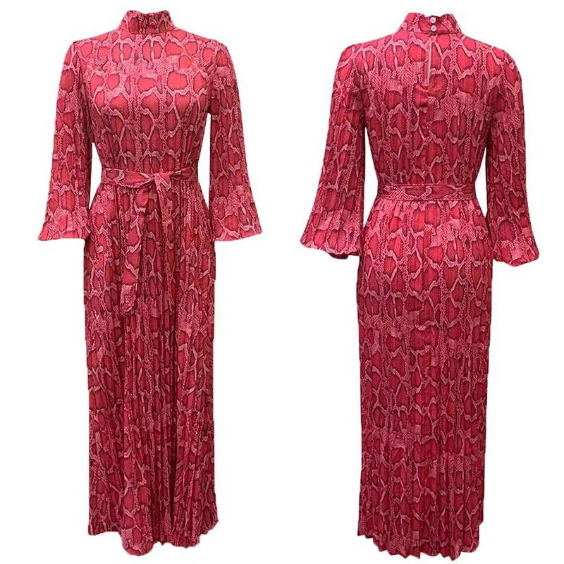 Fashion Half-high Collar Printing Long Sleeve A-line Skirt Plus Size Elegant Crimp Loose Lacing Zipper Basic Ankle-Length Dress
