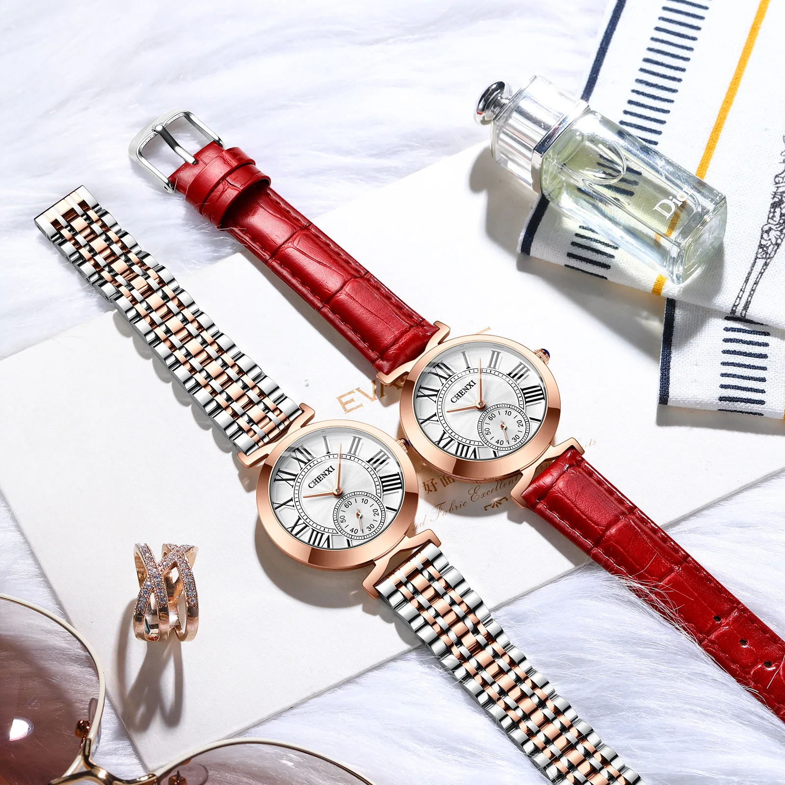 CHENXI Roman Design Rose Gold Fashion Women's Watch Solid Steel Belt Waterproof Quartz Watch