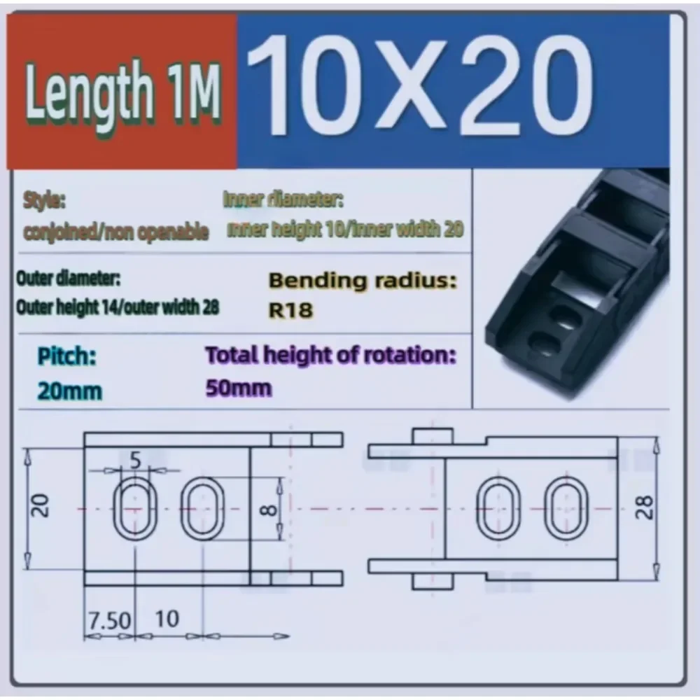 10 X 20mm L1000mm 7x15/10x10/10x15Cable Drag Chain Wire Carrier with End Connectors for CNC Router Machine Tools /Fully Enclosed