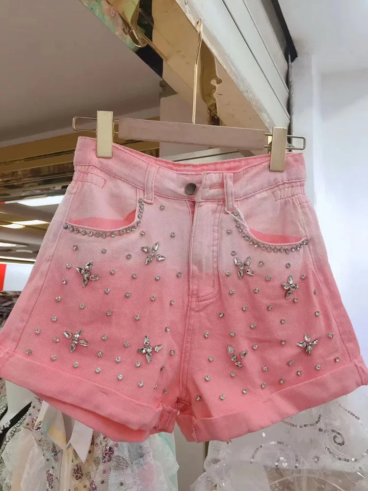 

Sweet Gradient Color Exquisite Rhinestone Denim Shorts Women 2023 New Summer High Waist Slimming Wide Leg Shorts Jeans Hot Pants