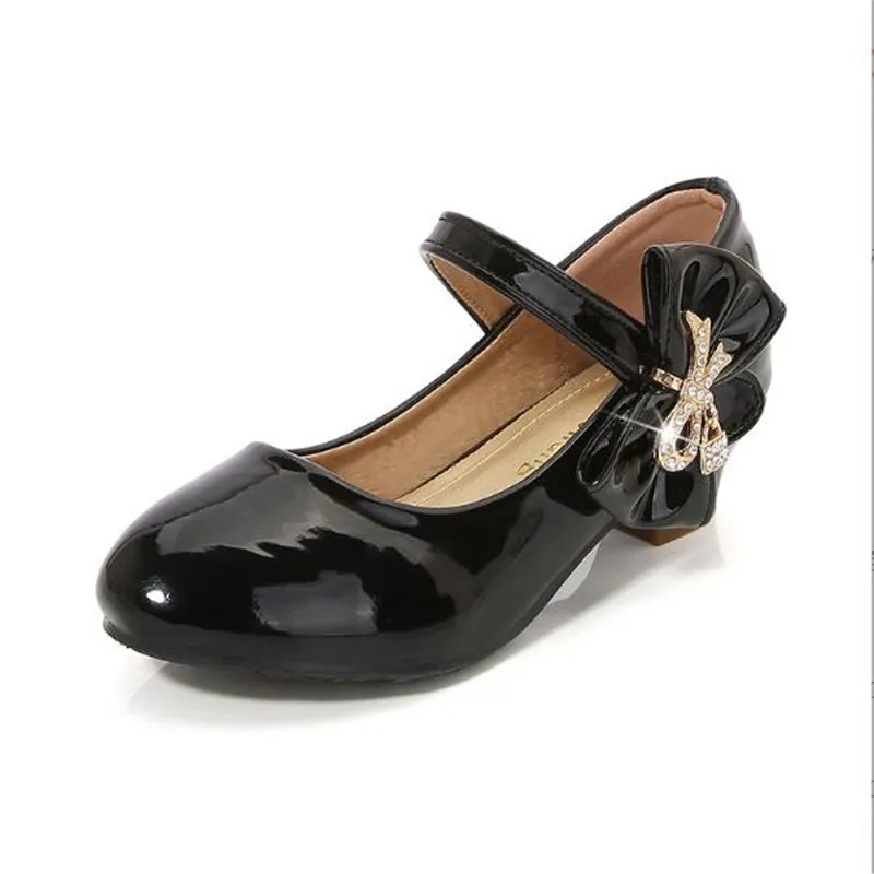 spring new girls leather shoes children's princess high heels black white girls wedding party dance shoes 26-38